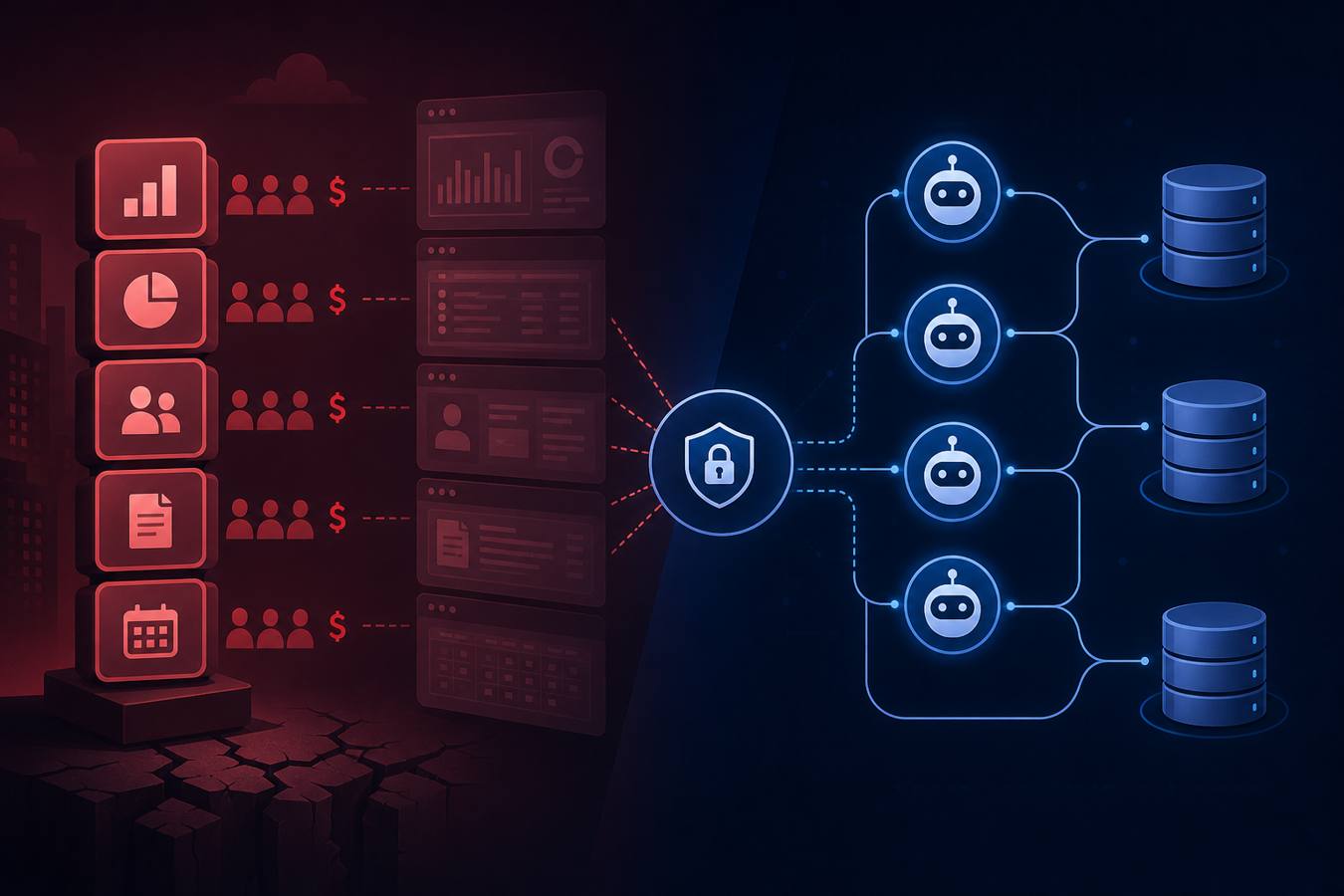Split illustration comparing legacy per-seat SaaS stacks with secure agent connections to enterprise data
